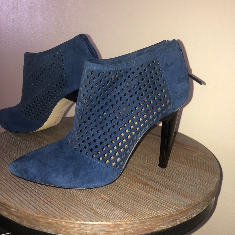 Rich jewel toned blue suede leather booties